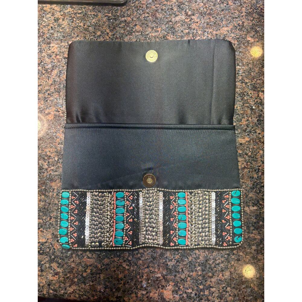 Black Clutch w/Turquoise & Metal Beading 10"x7" Excellent Condition - Picture 2 of 13